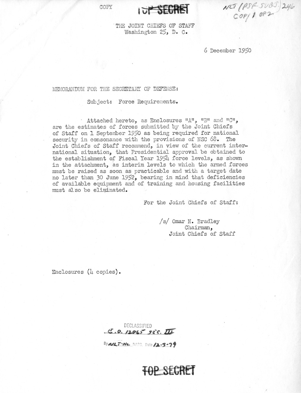 Memorandum from Secretary of Defense George Marshall to President Harry S. Truman with Attachments