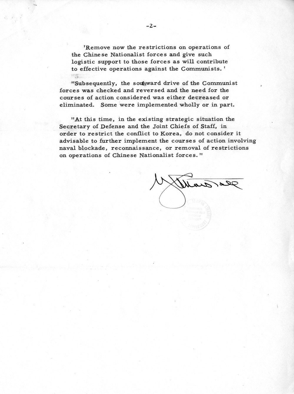 Memorandum from Secretary of Defense George Marshall to President Harry S. Truman