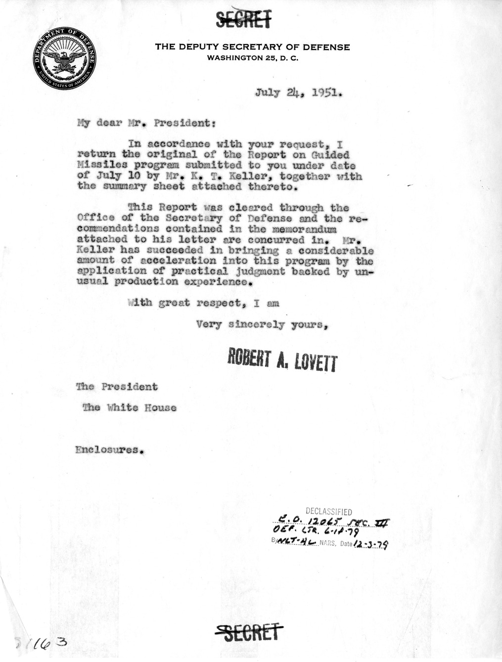 Memorandum from Deputy Secretary of Defense Robert Lovett to President Harry S. Truman with Attachment