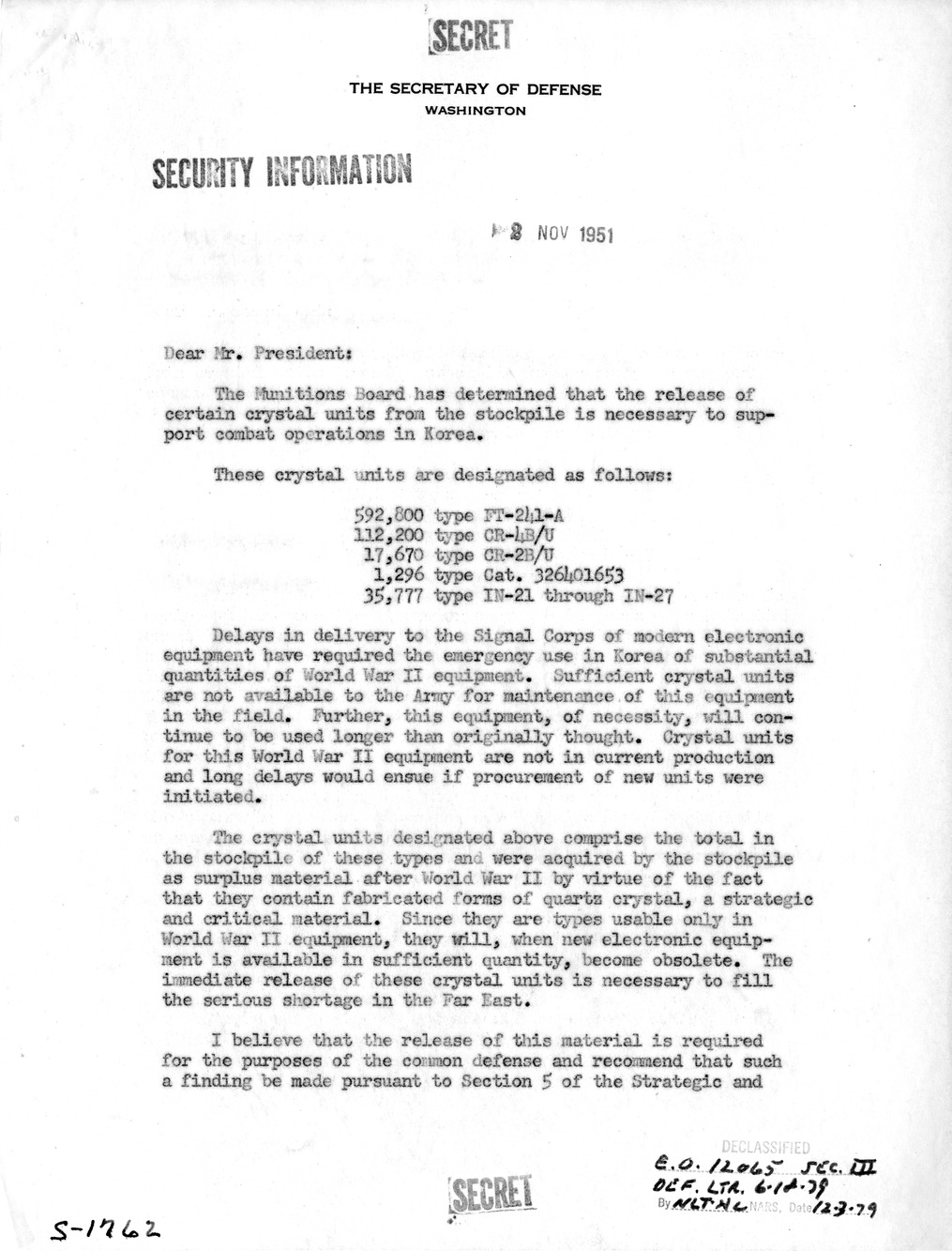 Memorandum from Secretary of Defense Robert Lovett to President Harry S. Truman, with Attached Draft Letter to J. D. Small