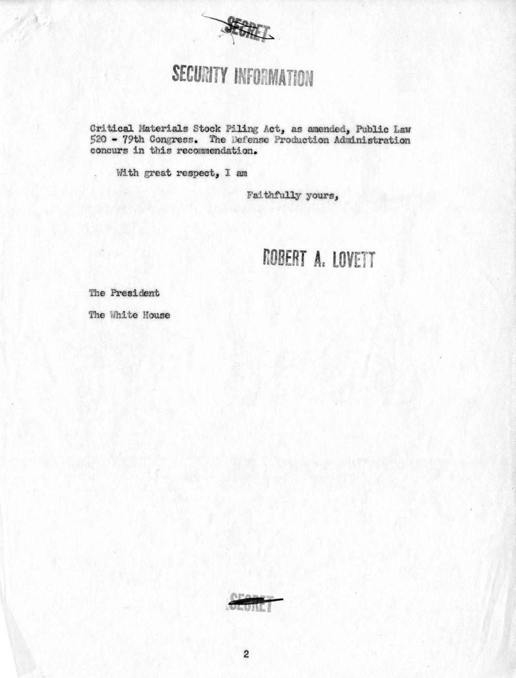 Memorandum from Secretary of Defense Robert Lovett to President Harry S. Truman, with Attached Draft Letter to J. D. Small