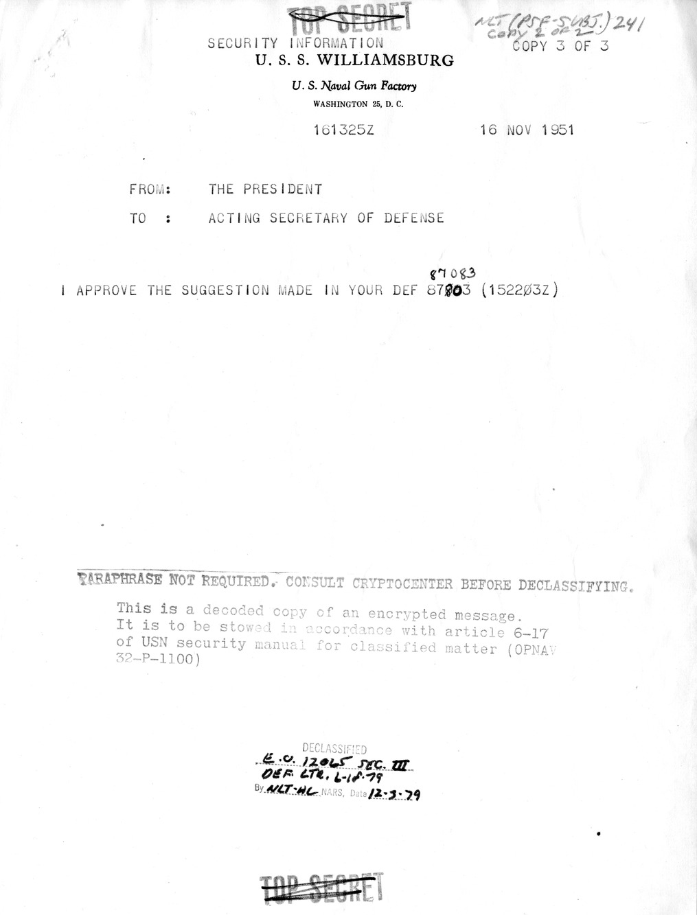 Correspondence Between President Harry S. Truman and Acting Secretary of Defense William C. Foster