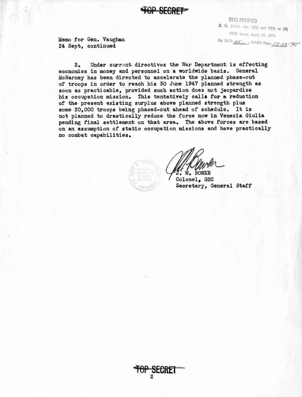 Memorandum from Colonel J. W. Bowen to General Harry Vaughan