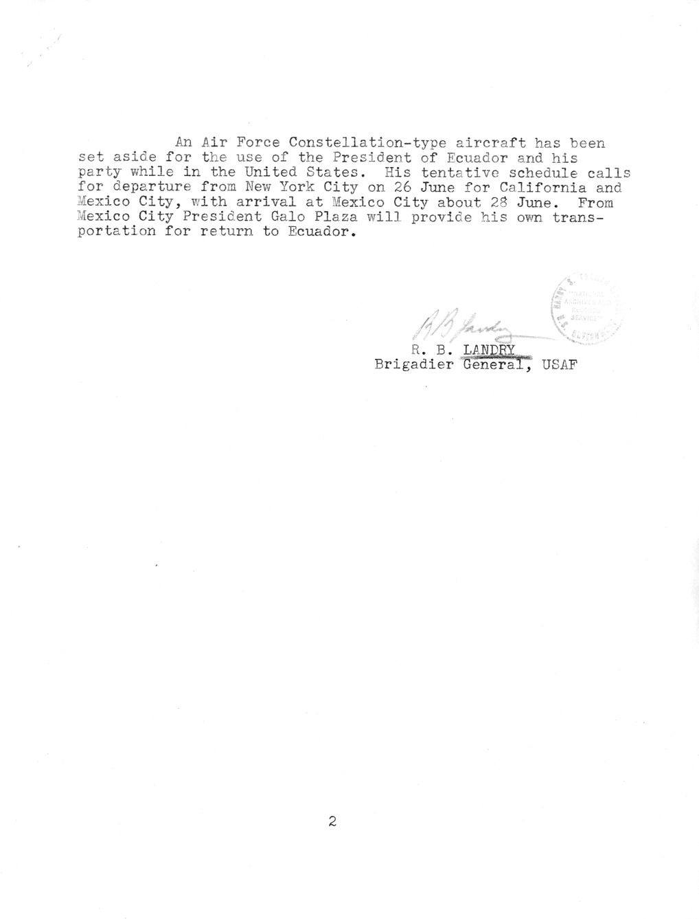 Memorandum from Brigadier General Robert Landry to President Harry S. Truman