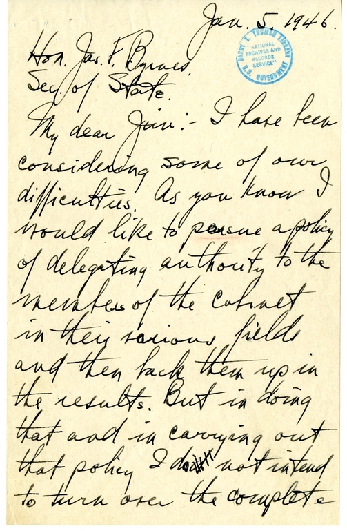 Longhand Draft Letter from President Harry S. Truman to Secretary of State James Byrnes