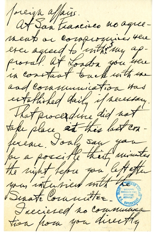 Longhand Draft Letter from President Harry S. Truman to Secretary of State James Byrnes