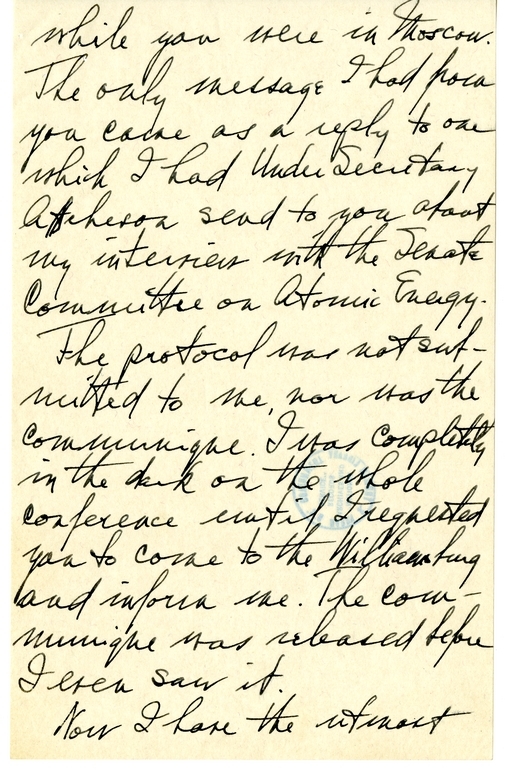 Longhand Draft Letter from President Harry S. Truman to Secretary of State James Byrnes