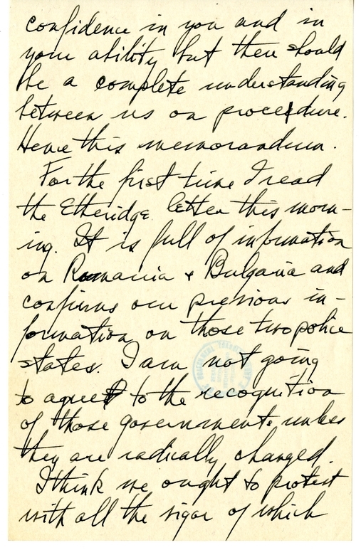 Longhand Draft Letter from President Harry S. Truman to Secretary of State James Byrnes