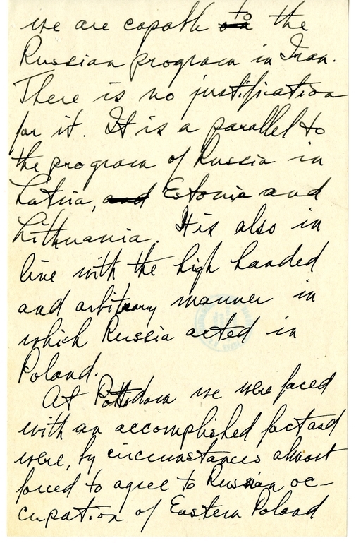 Longhand Draft Letter from President Harry S. Truman to Secretary of State James Byrnes