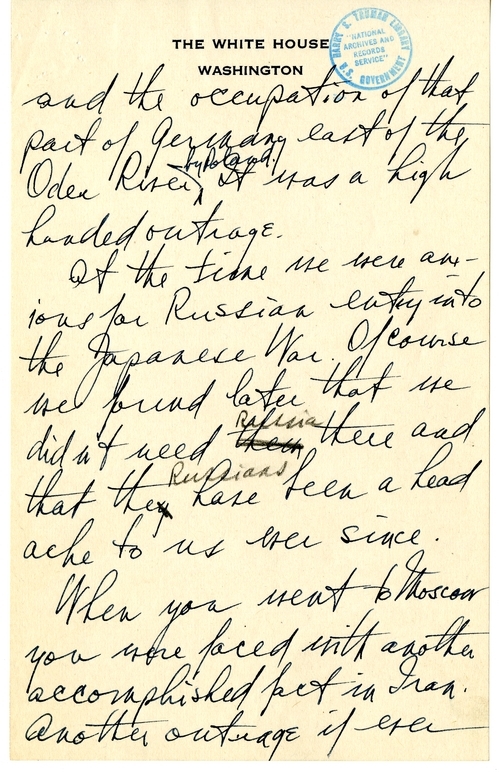 Longhand Draft Letter from President Harry S. Truman to Secretary of State James Byrnes