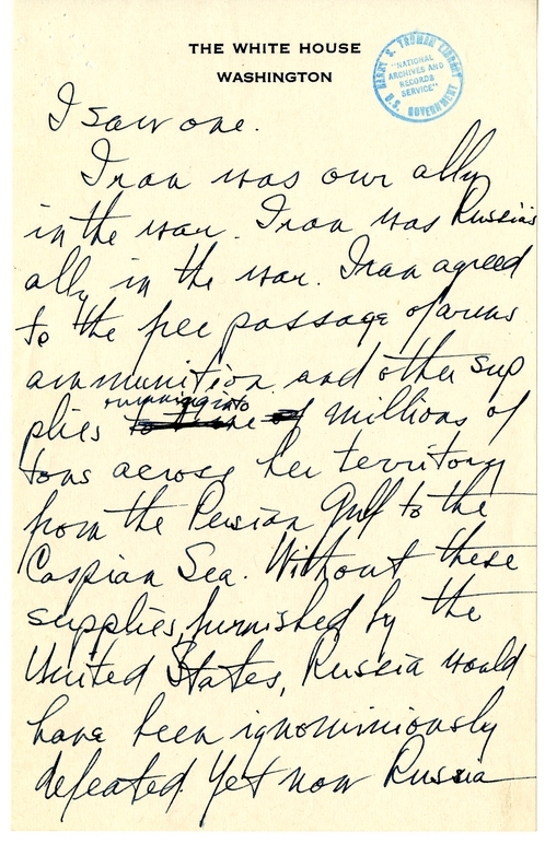 Longhand Draft Letter from President Harry S. Truman to Secretary of State James Byrnes