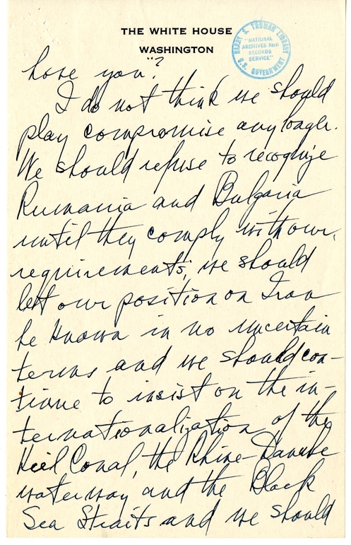 Longhand Draft Letter from President Harry S. Truman to Secretary of State James Byrnes