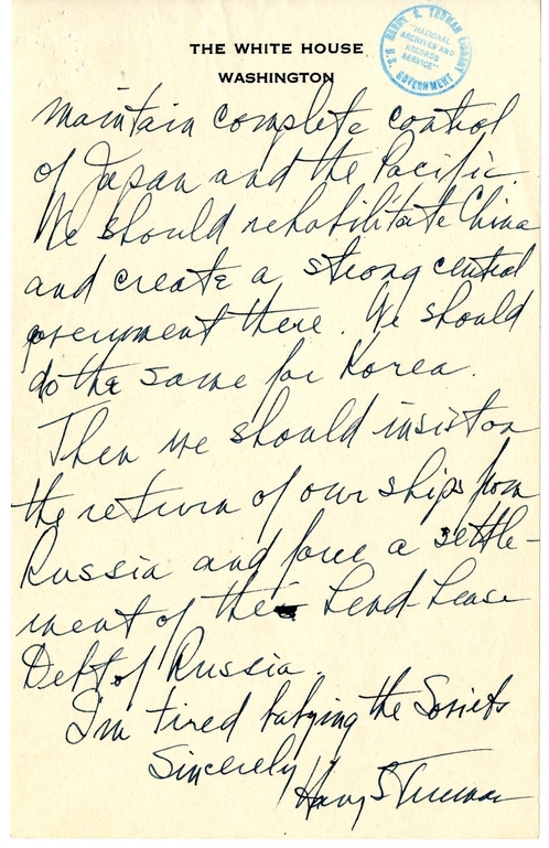 Longhand Draft Letter from President Harry S. Truman to Secretary of State James Byrnes