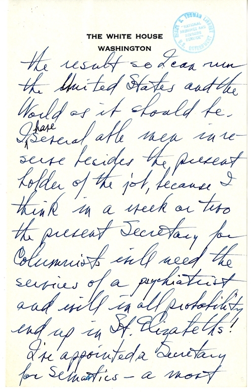 Longhand Note of President Harry S. Truman