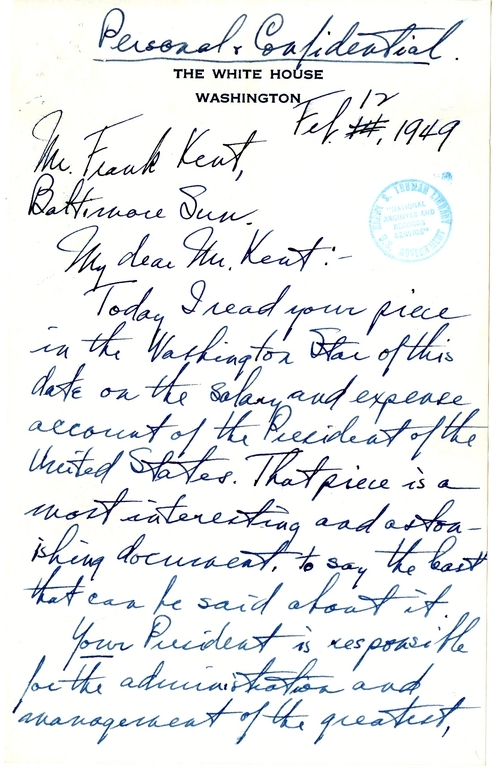 Letter from President Harry S. Truman to Frank Kent