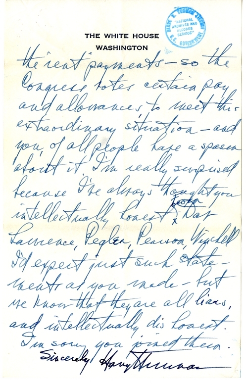 Letter from President Harry S. Truman to Frank Kent