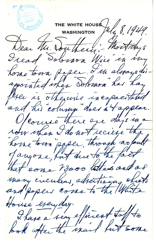 Unsent Letter from President Harry S. Truman to William Southern