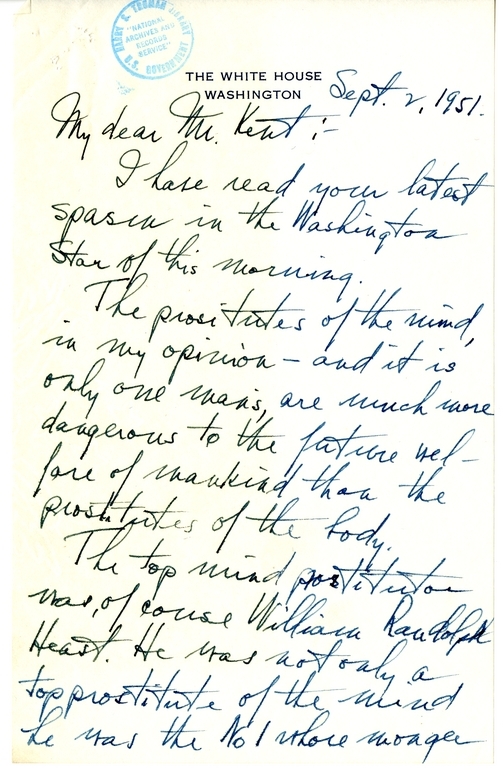 Unsent Draft Letter from President Harry S. Truman to Frank Kent, with Attached Newspaper Clipping