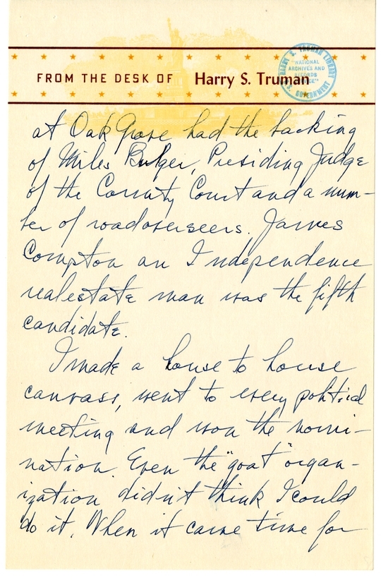 Longhand Note of President Harry S. Truman