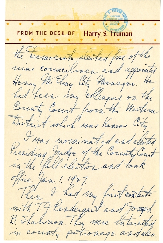 Longhand Note of President Harry S. Truman