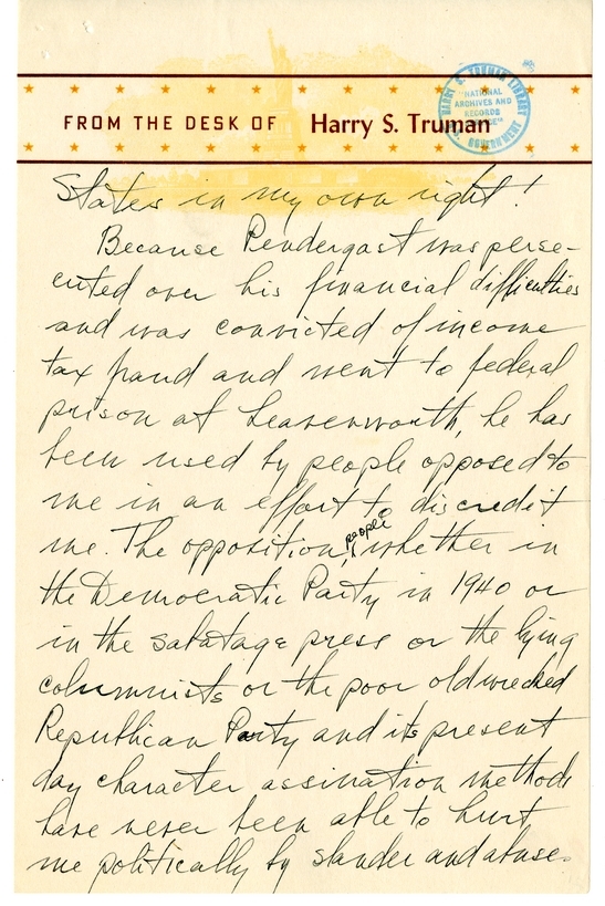 Longhand Note of President Harry S. Truman