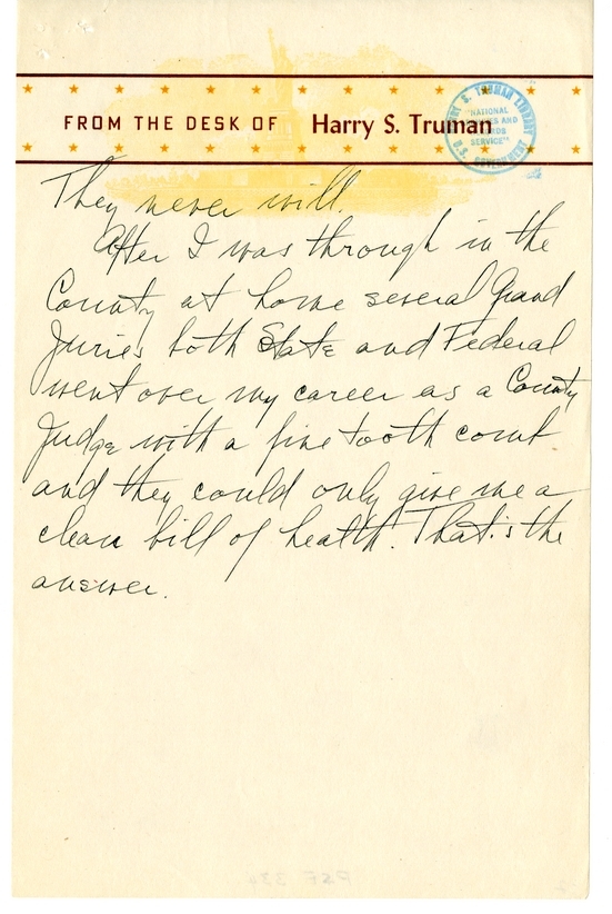 Longhand Note of President Harry S. Truman