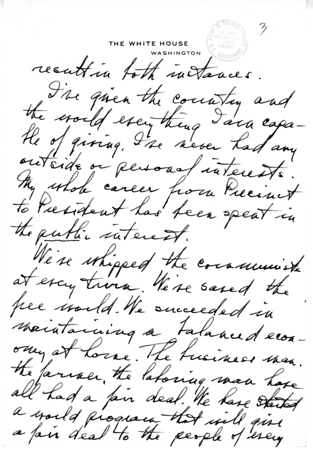 Longhand Note of President Harry S. Truman