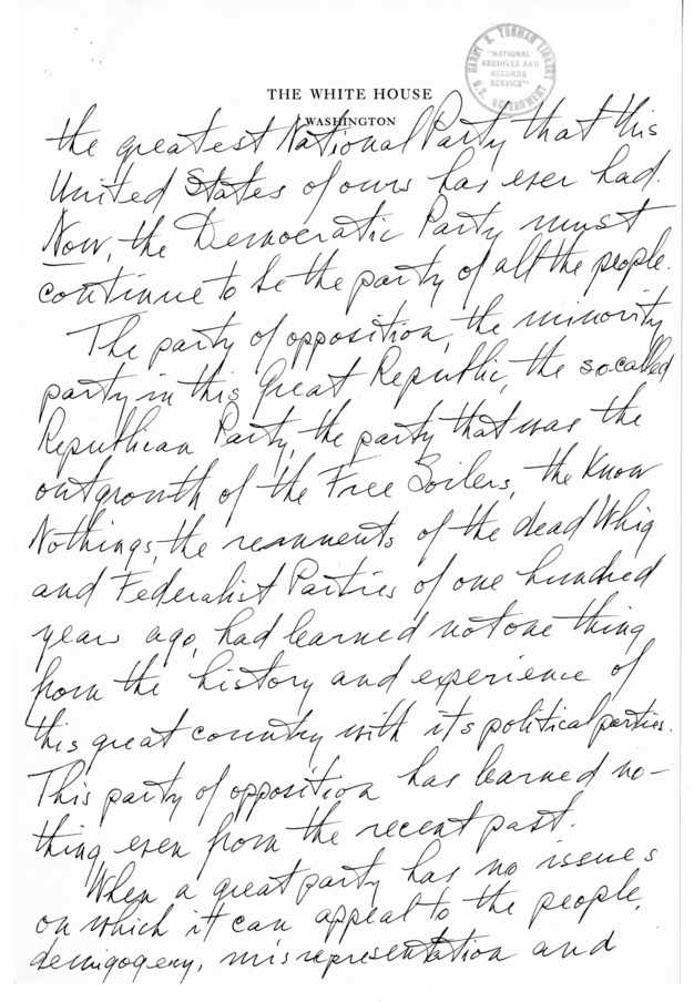 Longhand Note of President Harry S. Truman