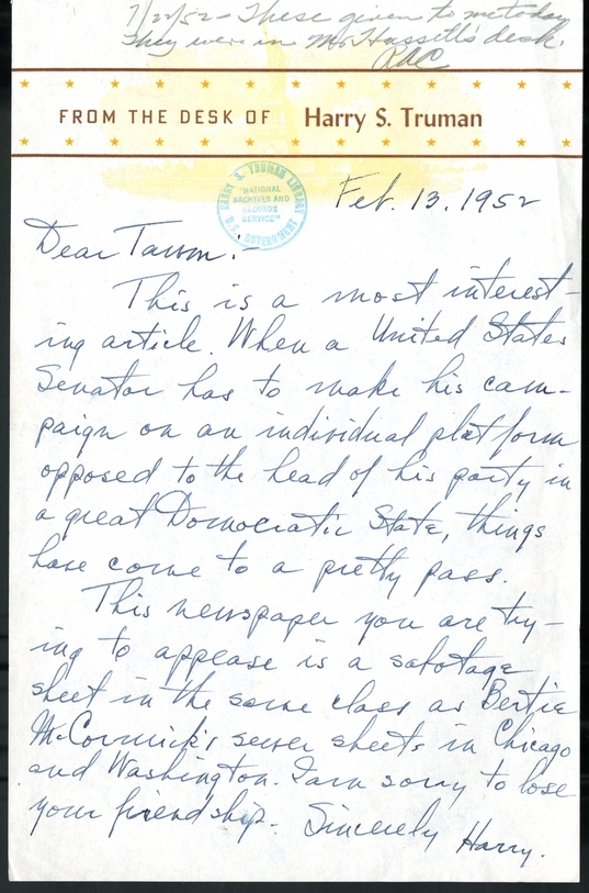 Unsent Letter from President Harry S. Truman to Unknown Recipient