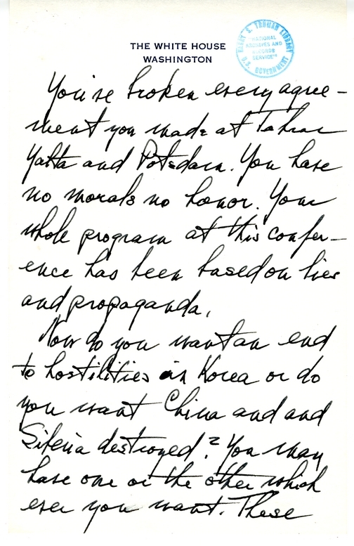 Longhand Note of President Harry S. Truman with Attached Memorandum from Admiral Robert Dennison to President Truman