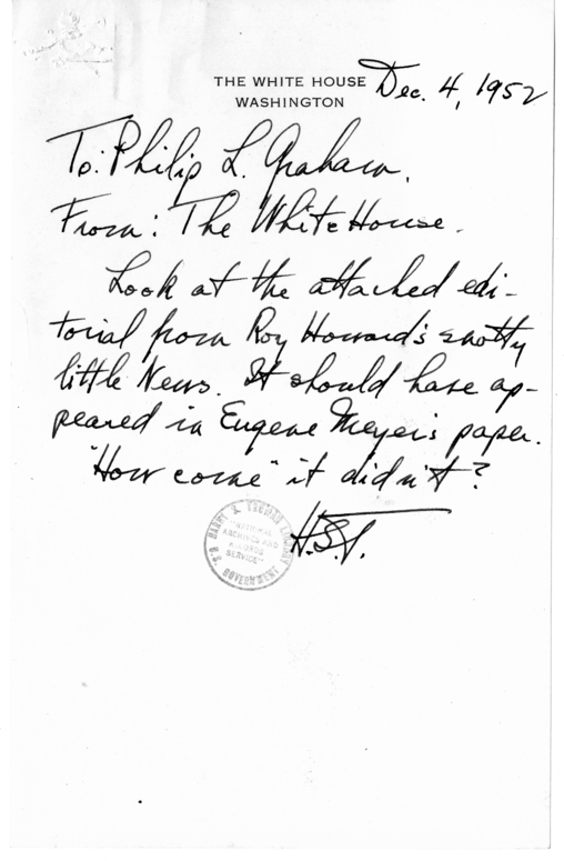 Unsent Note from President Harry S. Truman to Philip L. Graham with Attached Newspaper Clipping