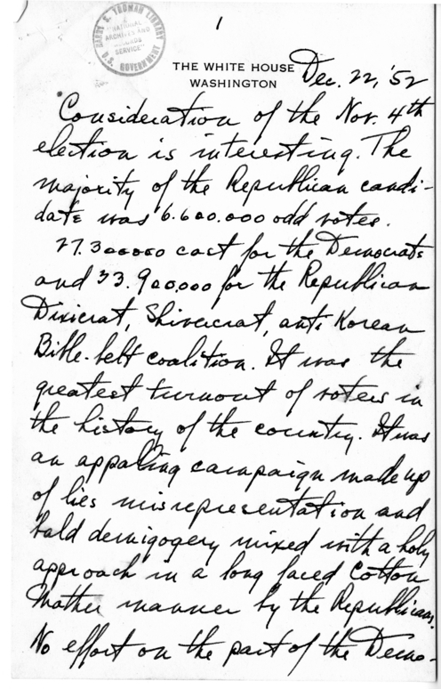 Longhand Note of President Harry S. Truman