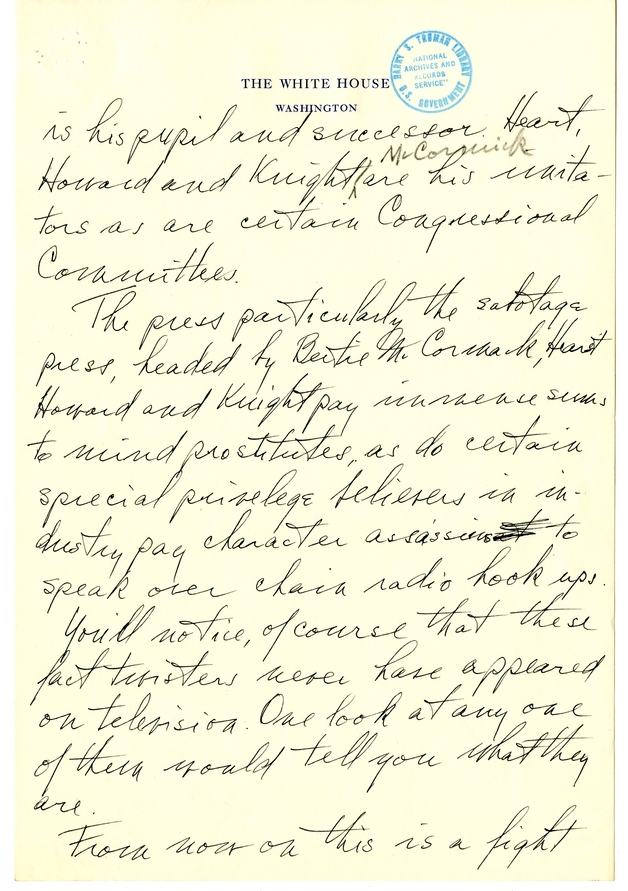 Longhand Note of President Harry S. Truman