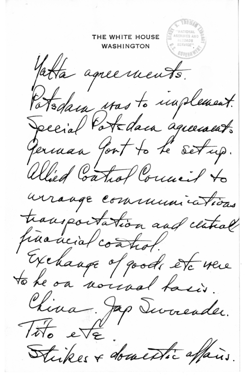 Longhand Note President Harry S. Truman