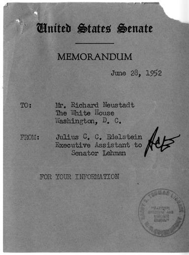 Memorandum from Julius Edelstein to Richard Neustadt, With Attachments