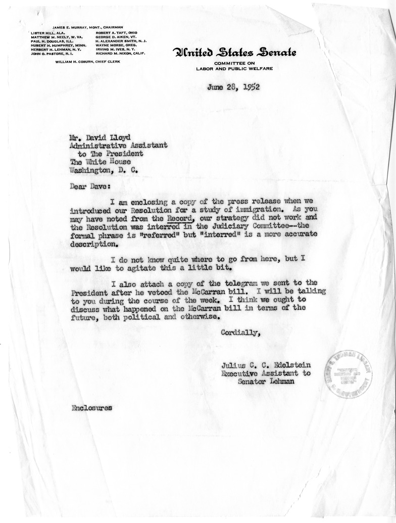 Memorandum from Julius Edelstein to Richard Neustadt, With Attachments