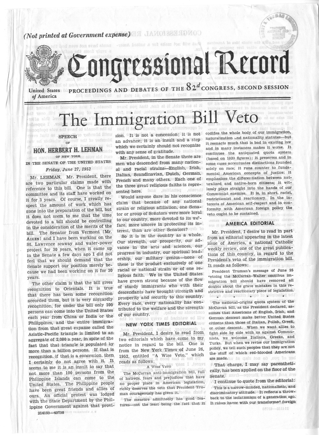 Article, "The Immigration Bill Veto, Speech of Senator Herbert Lehman," Congressional Record