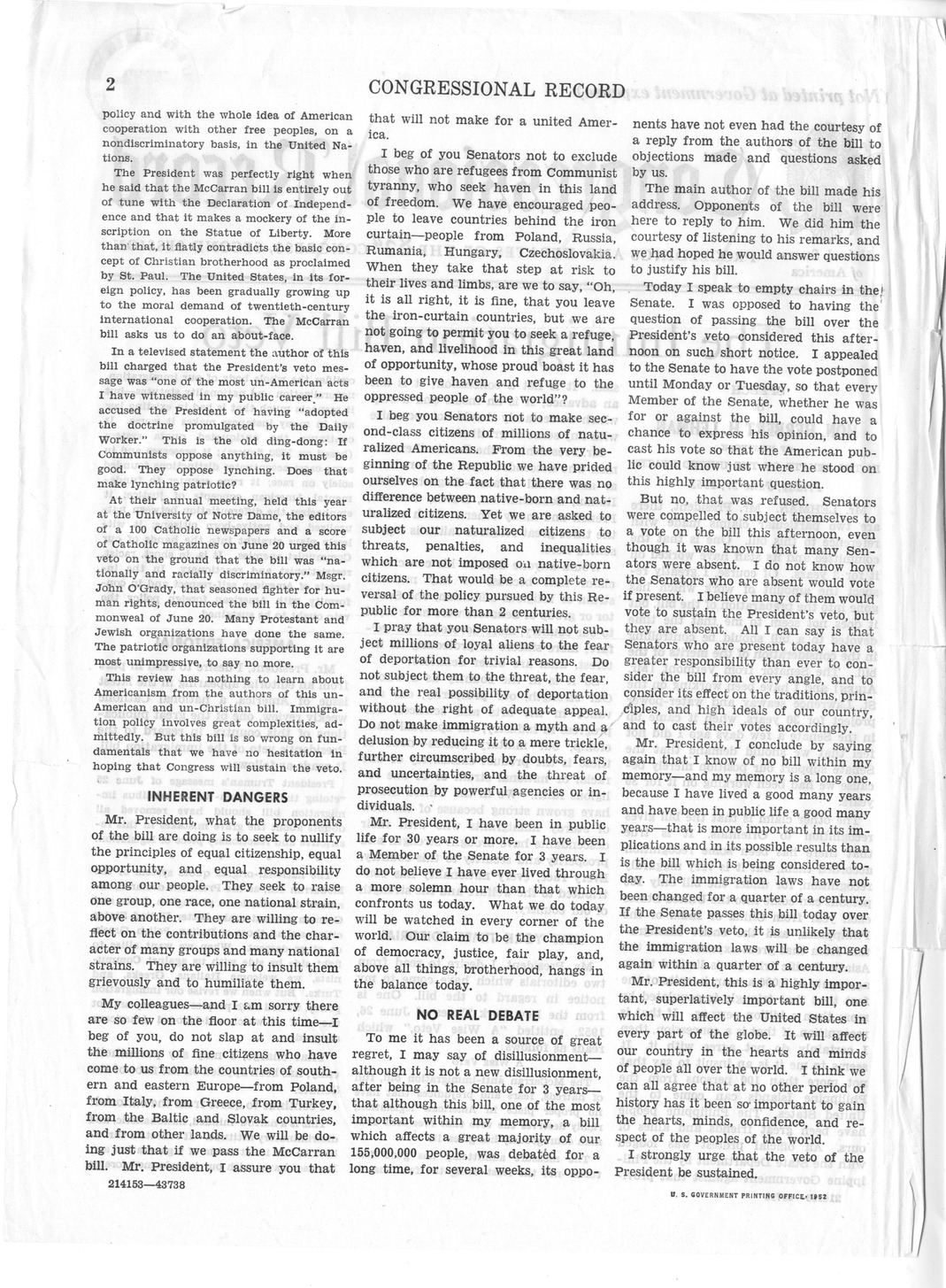 Article, "The Immigration Bill Veto, Speech of Senator Herbert Lehman," Congressional Record