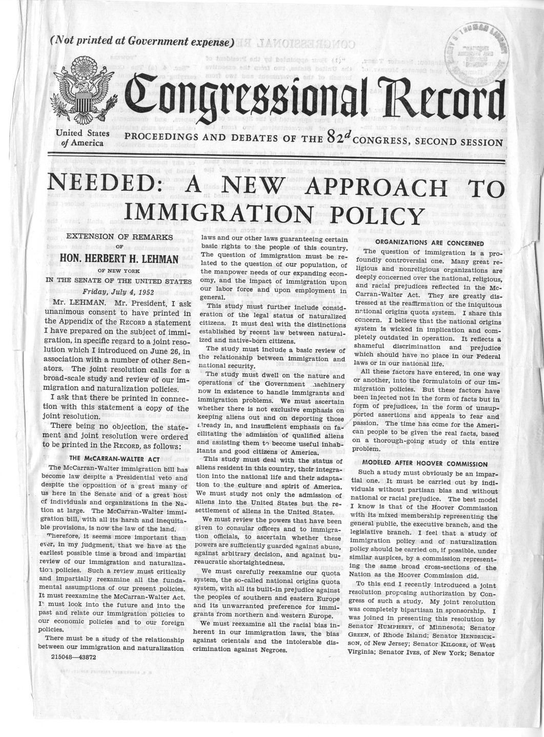 Article, "Needed: A New Approach to Immigration Policy, Extension of Remarks of Senator Herbert Lehman," Congressional Record