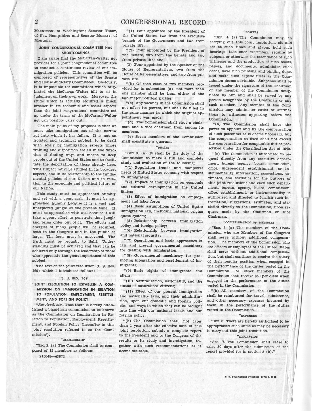 Article, "Needed: A New Approach to Immigration Policy, Extension of Remarks of Senator Herbert Lehman," Congressional Record