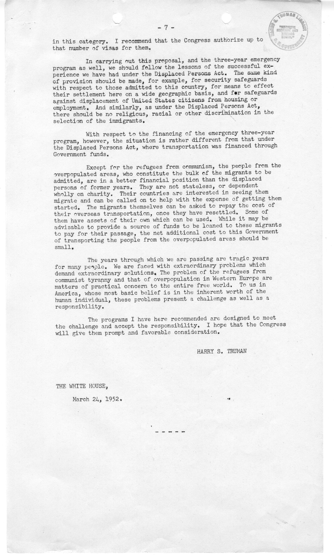 Press Release, Special Message from President Harry S. Truman to the Congress of the United States