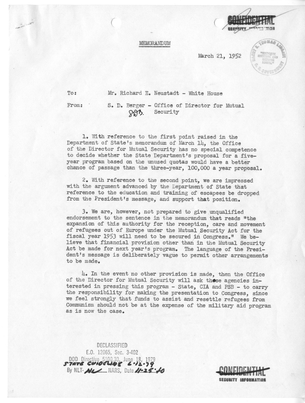 Memorandum from S. D. Berger to Richard Neustadt