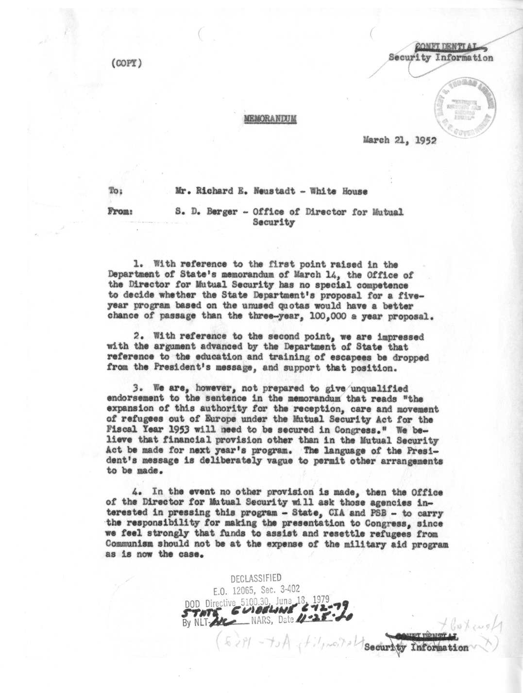 Memorandum from S. D. Berger to Richard Neustadt