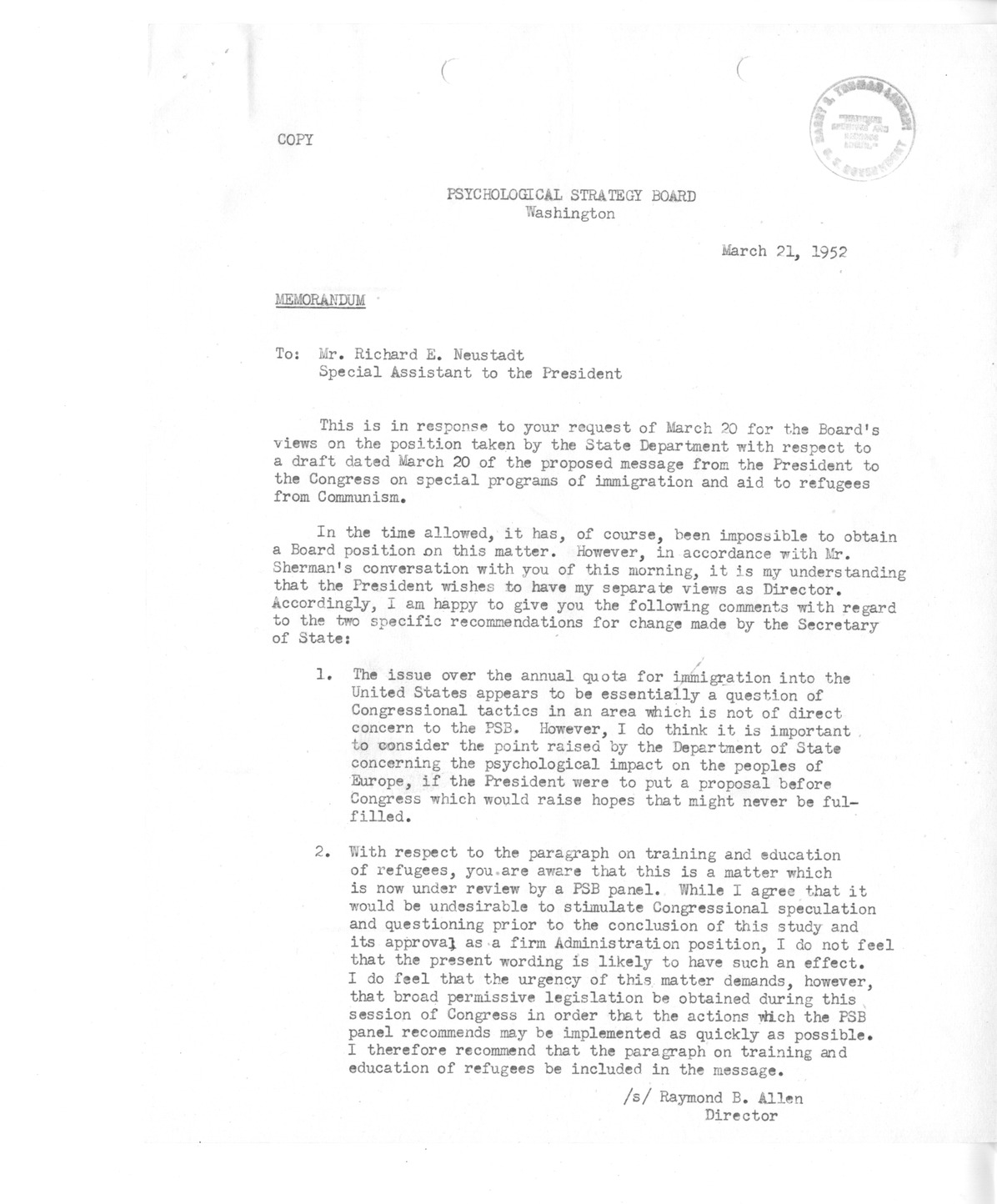 Memorandum from Raymond Allen to Richard Neustadt