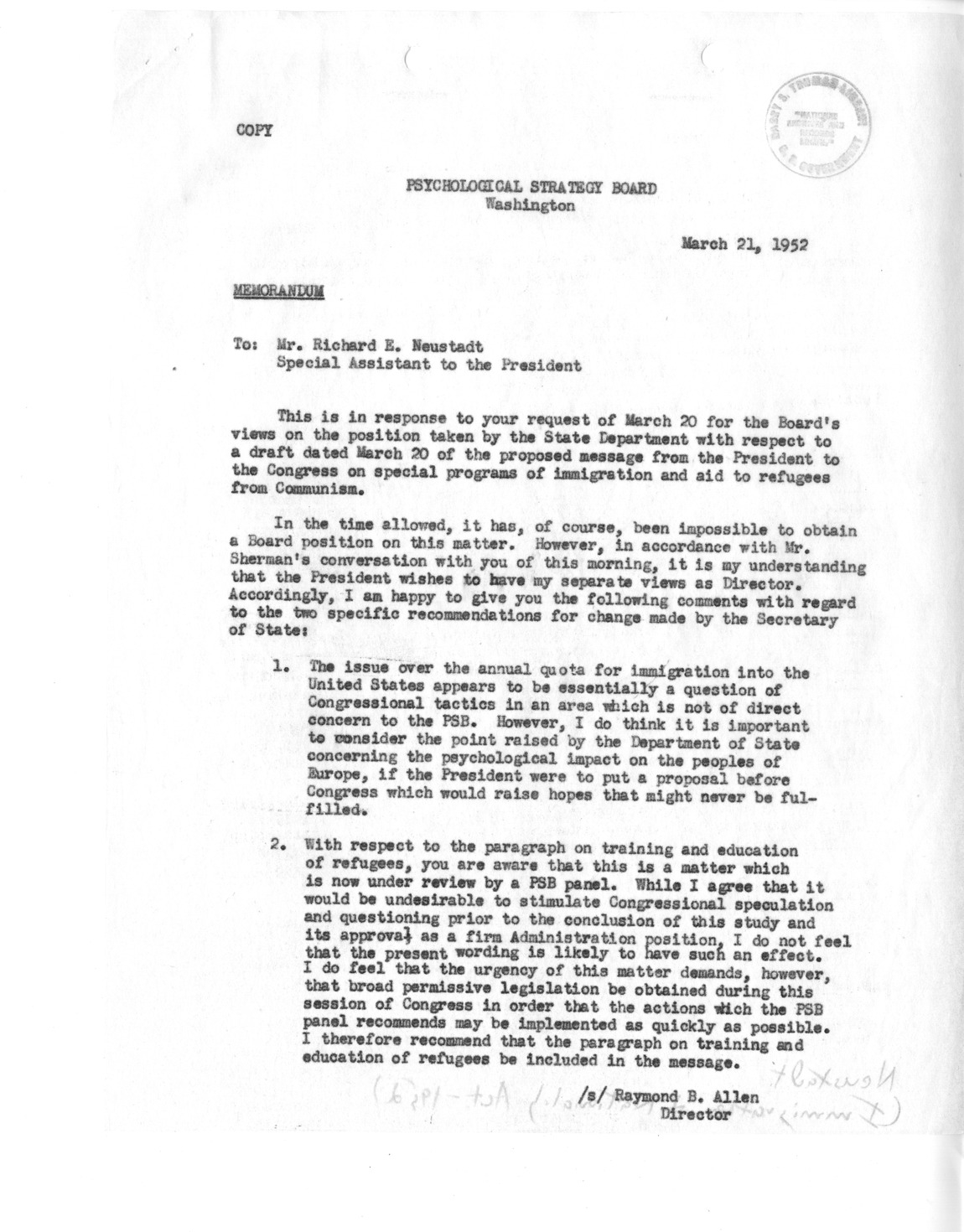 Memorandum from Raymond Allen to Richard Neustadt