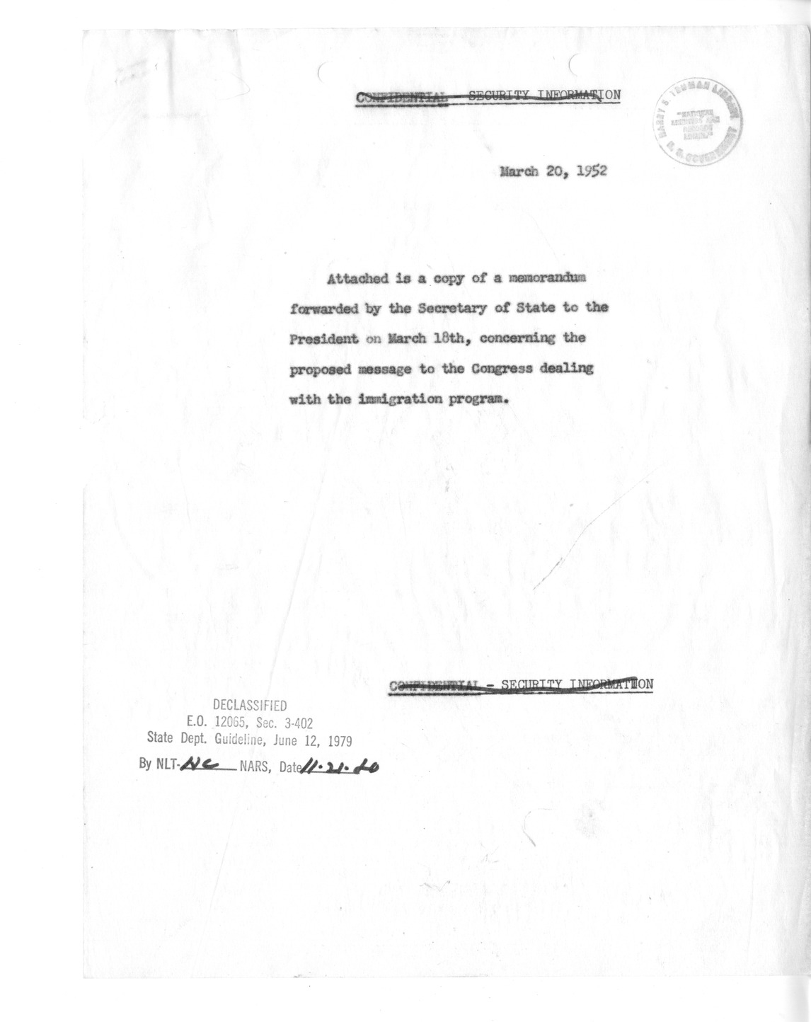 Memorandum from John D. Hickerson to Secretary of State Dean Acheson, with Attached Internal Note