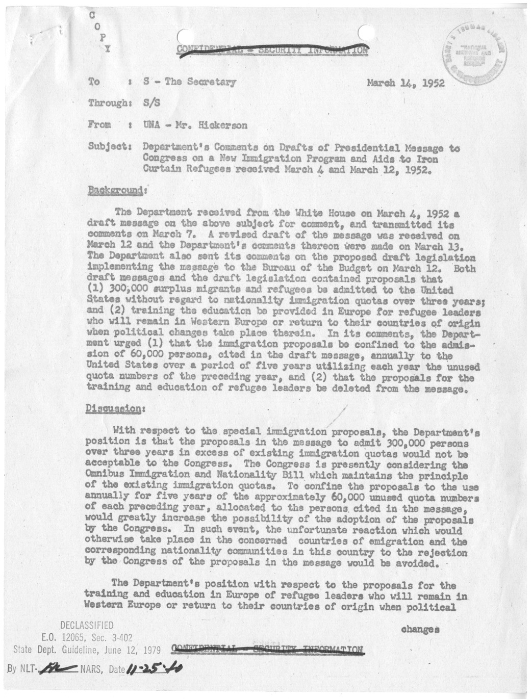 Memorandum from John D. Hickerson to Secretary of State Dean Acheson, with Attached Internal Note