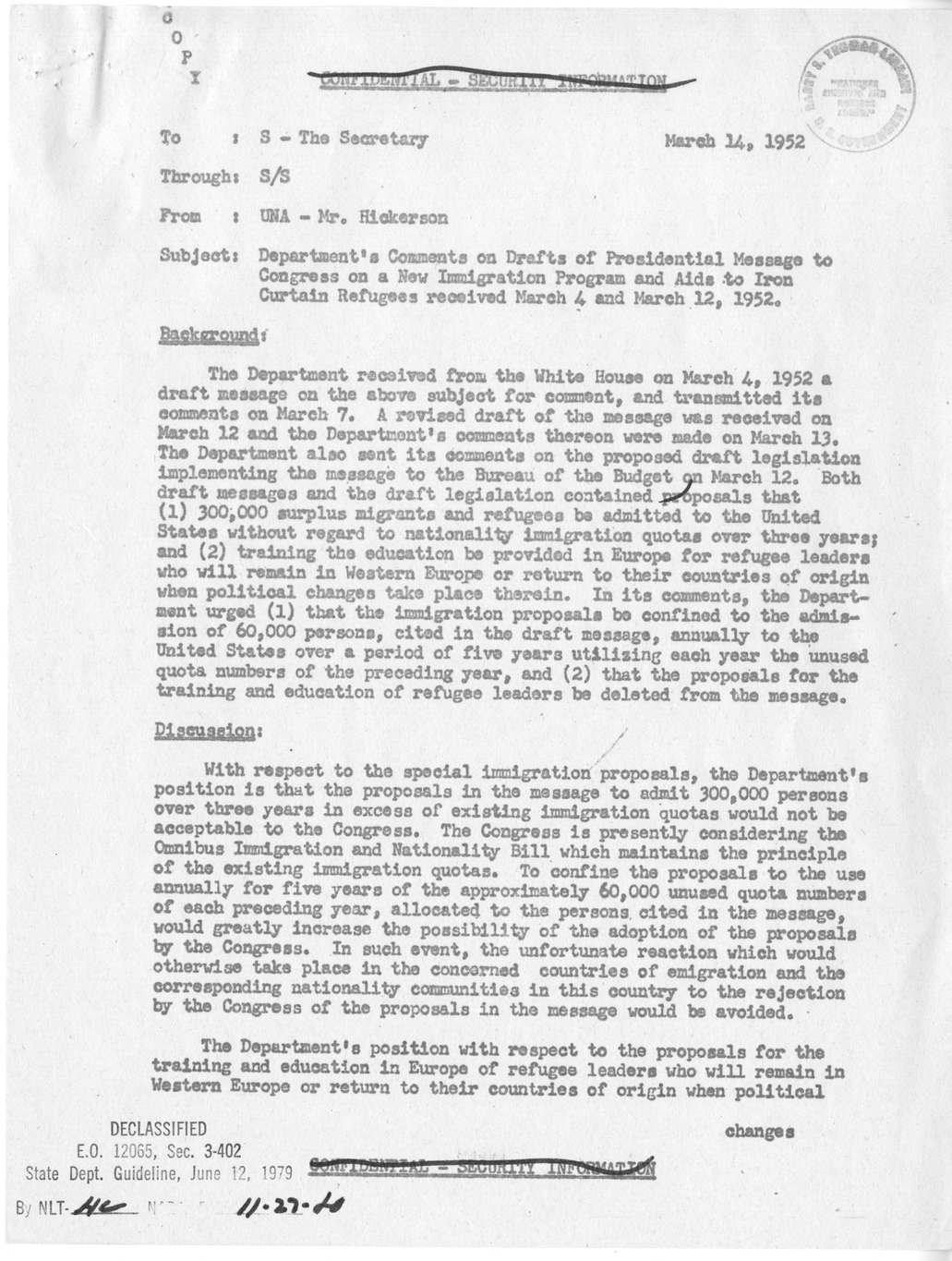 Memorandum from John D. Hickerson to Secretary of State Dean Acheson, with Attached Internal Note