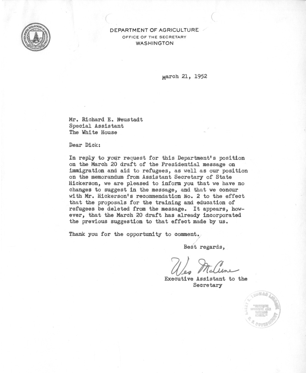 Letter from Wesley McCune to Richard Neustadt