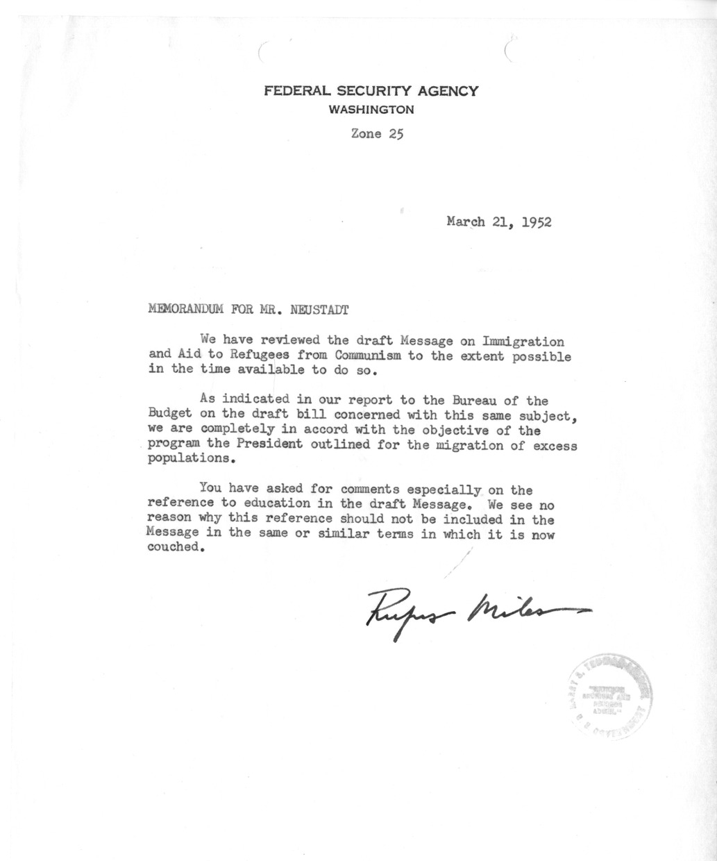 Memorandum from Rufus Miles to Richard Neustadt